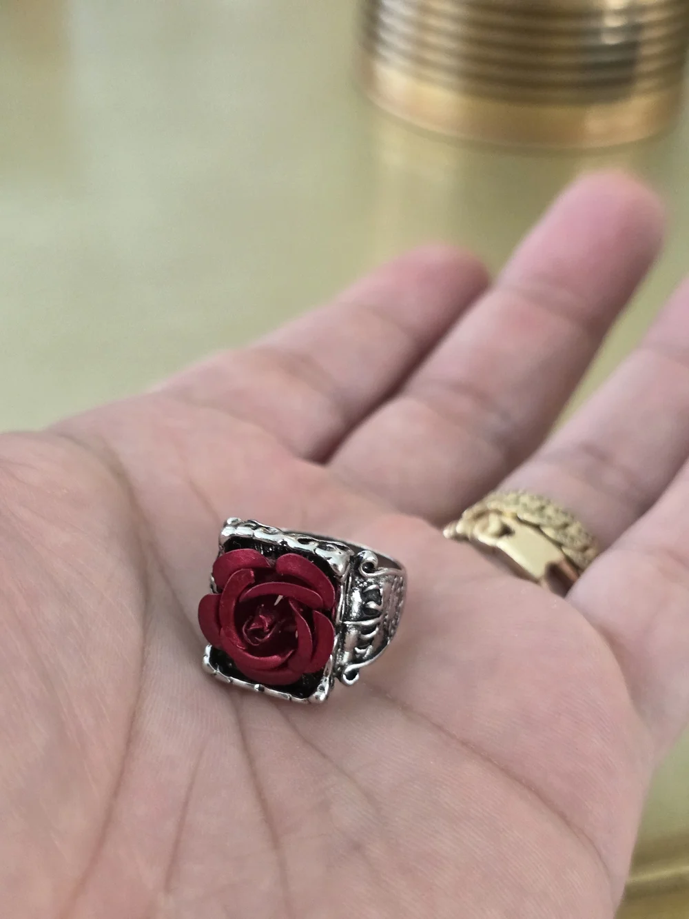 Silver Ring with Red Rose Accent